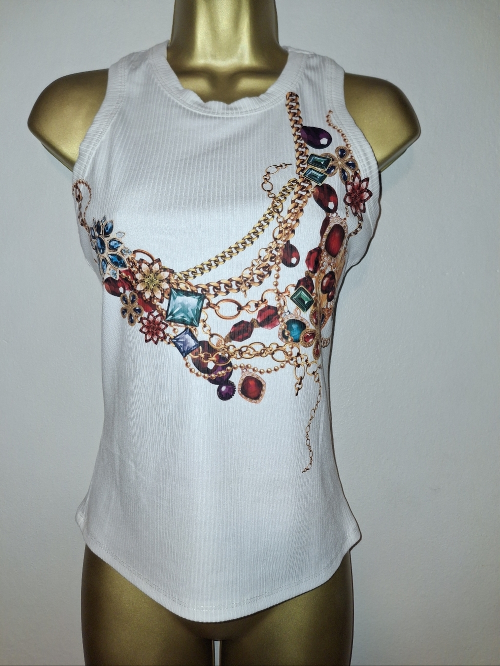 White Sleeveless Ribbed Tank with Gemstone Chain Print